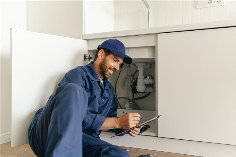 Residential plumber reviewing plumbing repairs in a Fort Pierce kitchen