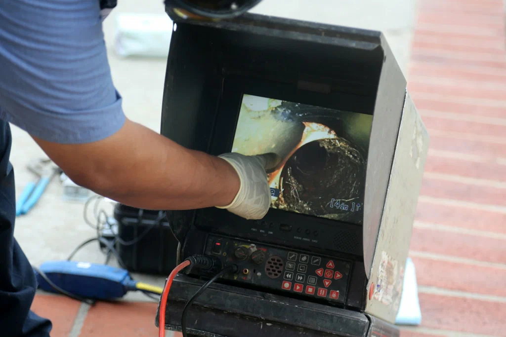 Technician viewing a drain inspection camera in Fort Pierce